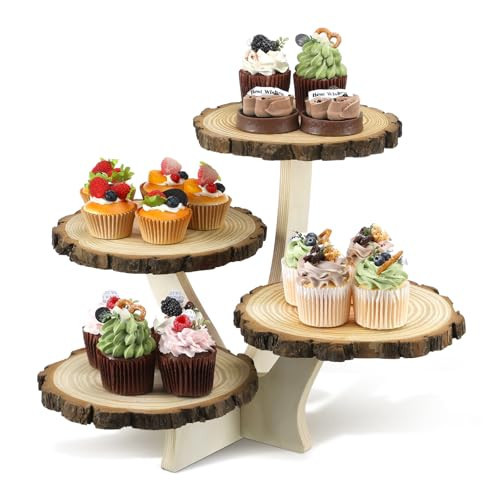 Chunful 4 Tier Round Natural Wood Cupcake Dessert Stand, Cup Cake Tower Stand Holder, Wooden Cake Display Tiered Centerpiece for Party, Birthday, Wedding, Baby Shower, Holiday Decoration | Amazon (US)