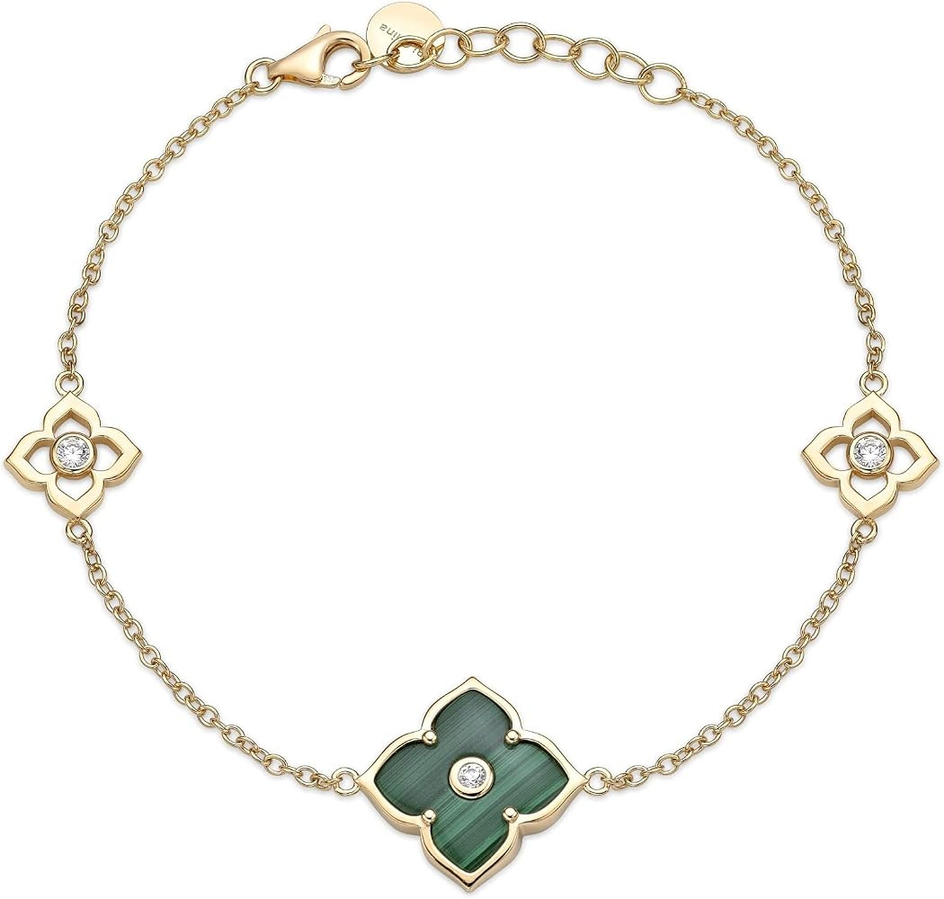 Malachite, Black Onyx or Mother of Pearl and Cubic Zirconia Flower Bracelet for Women in 925 Ster... | Amazon (US)