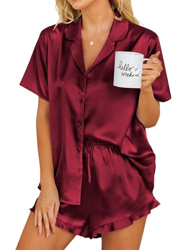 Ekouaer Womens Satin Pajamas Set Button Down 2 Piece Silk Pjs Shorts Set Ruffle Lingerie Notch Co... | Amazon (US)