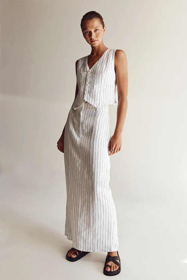 MARCEL WHITE PINSTRIPE LINEN MIDI SKIRT | DISSH