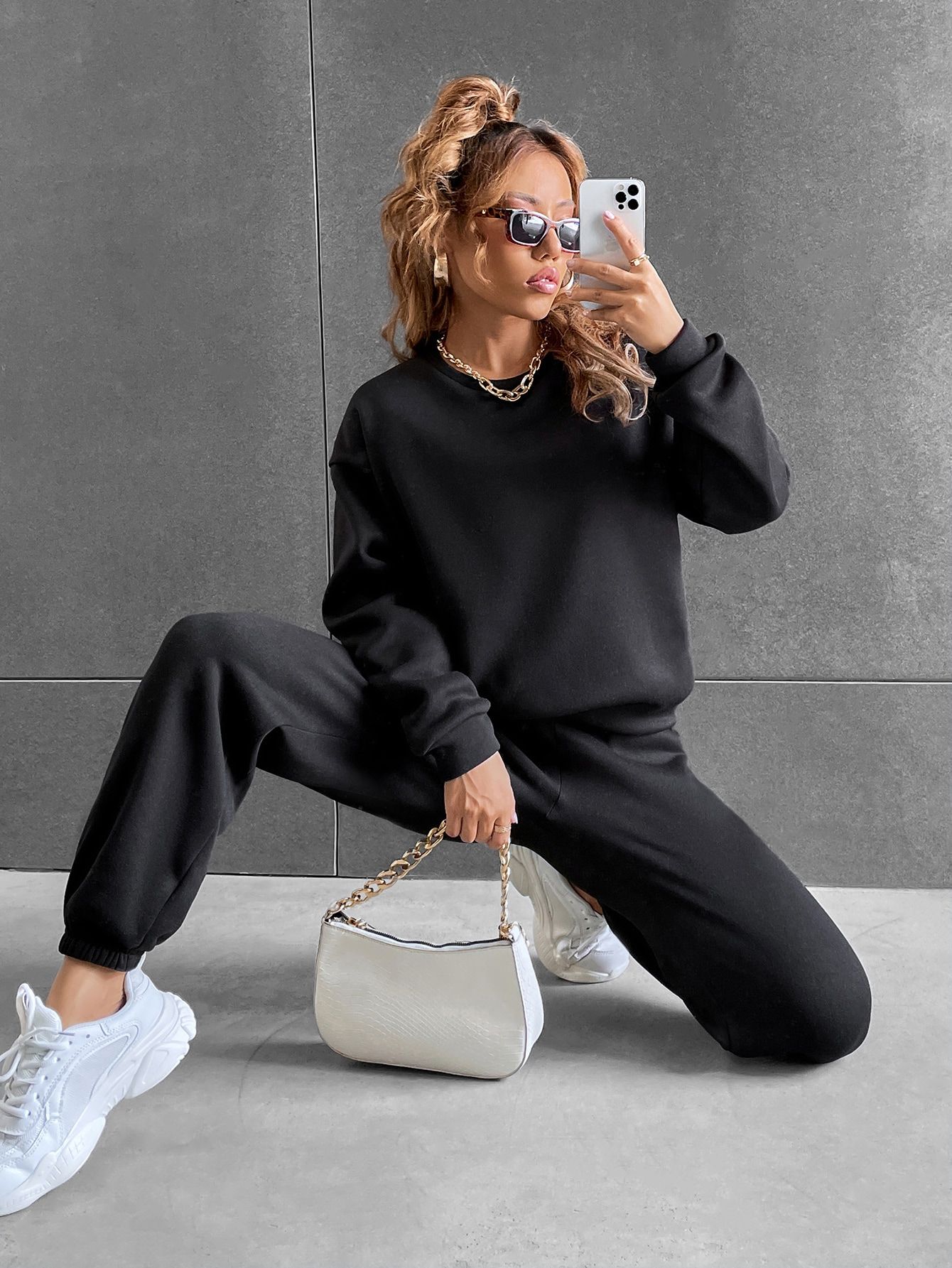 Solid Drop Shoulder Sweatshirt & Sweatpants | SHEIN