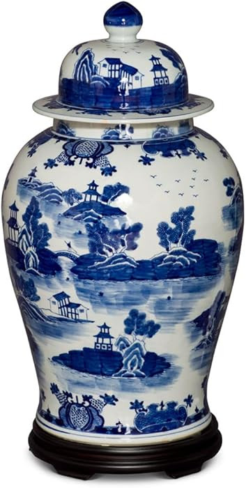 China Furniture and Arts 23.5 Inch Blue & White Scenery Motif Porcelain Ginger Jar | Amazon (US)