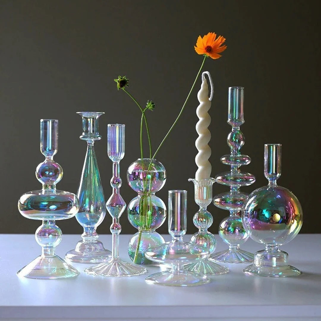 Iridescent Candle Holder Vase Set | Tall Glass Candle Stick Holders | Clear Handmade Bubble Glass... | Etsy (US)