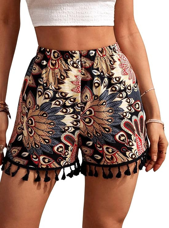 MakeMeChic Women's Floral Print Shorts Tassel Hem Elastic Waist Wide Leg Summer Boho Shorts | Amazon (US)