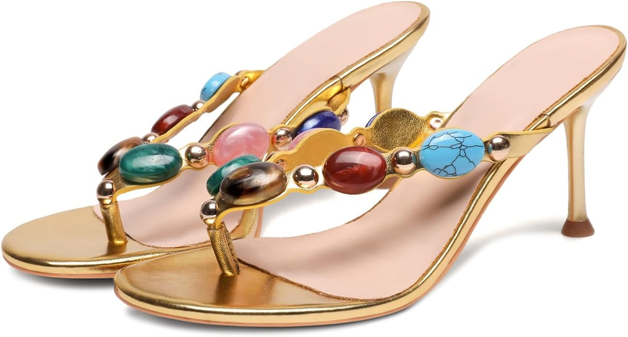 Jewelled Thong Heeled Sandals for Women Slip On Round Open Toe Flip Flop Pumps Mules Summer Strap... | Amazon (US)