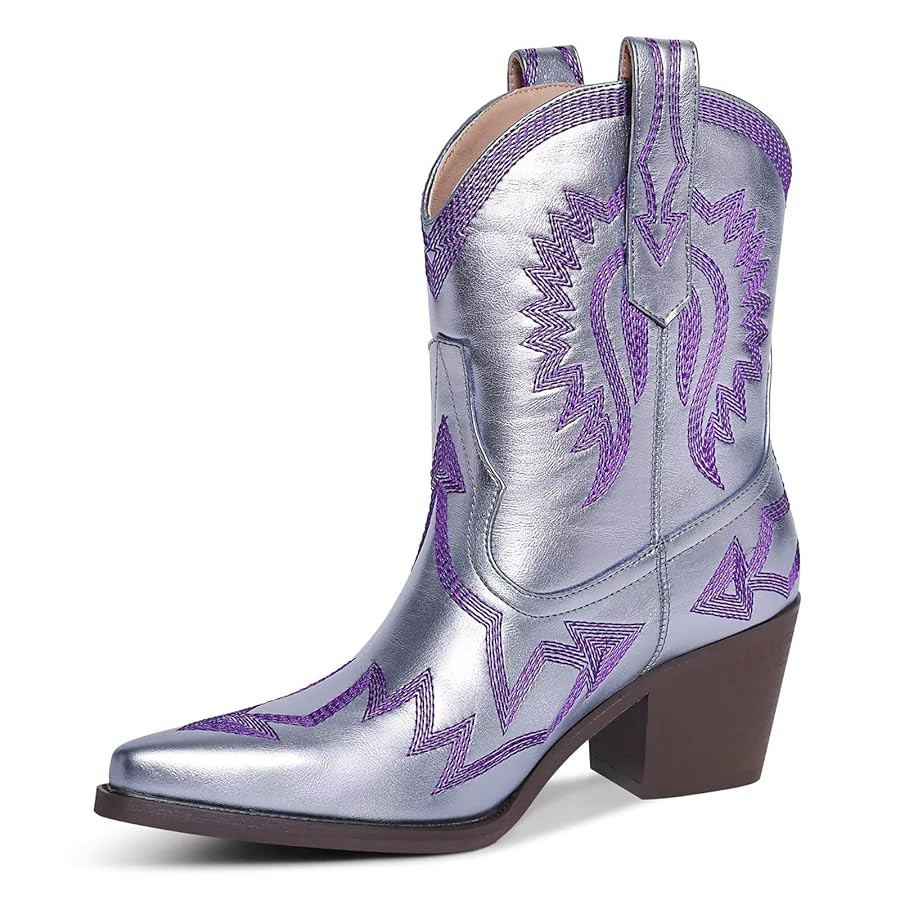 Western Boots for Women Metallic Embroidered Pointed Toe Cowgirl Boots Chunky Heel Pull-On Short ... | Amazon (US)