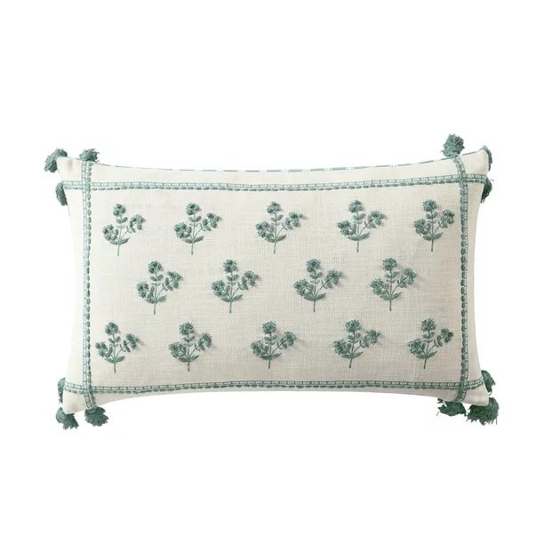 Better Homes & Gardens, Green Block Print Floral Decorative Pillow, Oblong, 14" x 24", Green, 1 P... | Walmart (US)