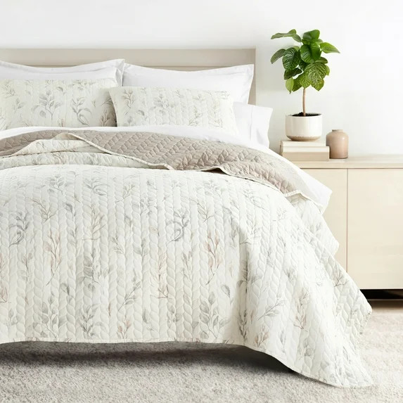 Ultra Soft Lightweight Quilt Sets in Watercolor Leaves Latte for King/Cal-King Bedding by Comfort... | Walmart (US)