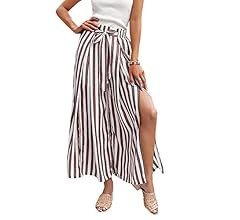 Simplee Women's Elegant Striped Split High Waisted Belted Flowy Wide Leg Pants | Amazon (US)