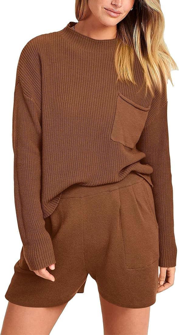 PRETTYGARDEN Women 2 Piece Knit Sweater Outfit Long Sleeve Pullover Top Wide Leg Shorts Loungewea... | Amazon (US)