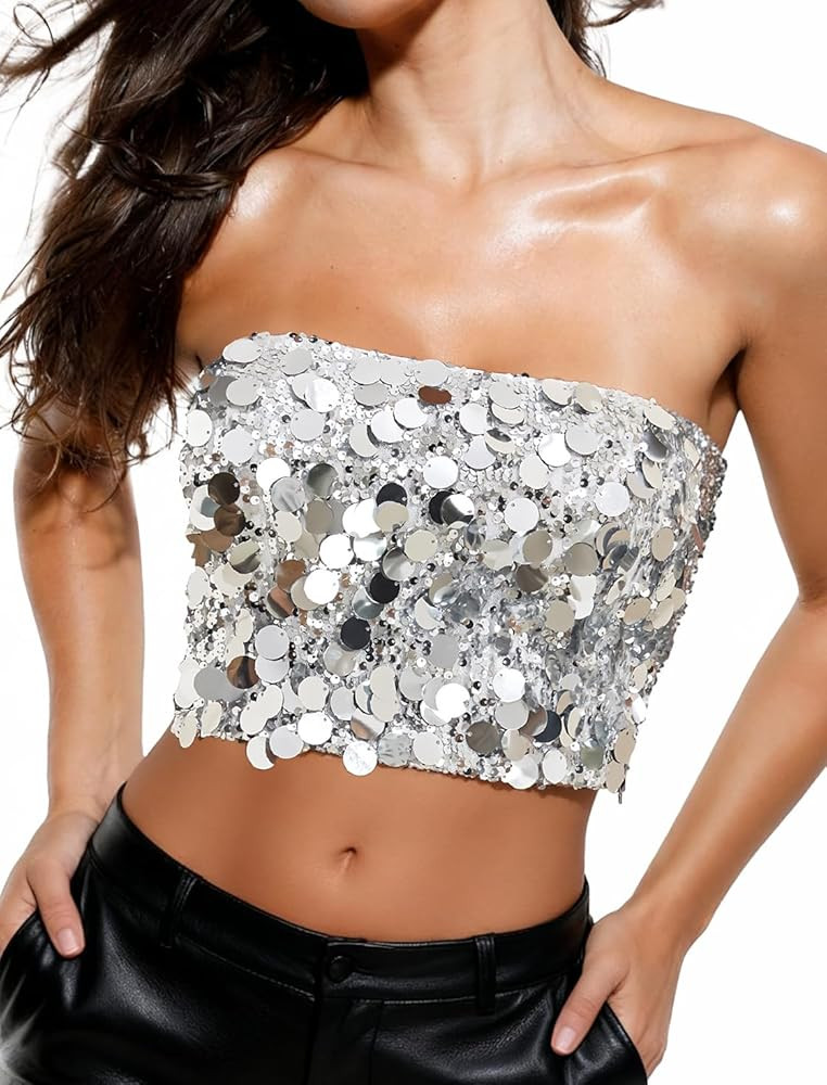 YYA Women's Sequin Strapless Top Short Sparkly Strapless Crop Top for Party, Clubwear, Festivals,... | Amazon (US)