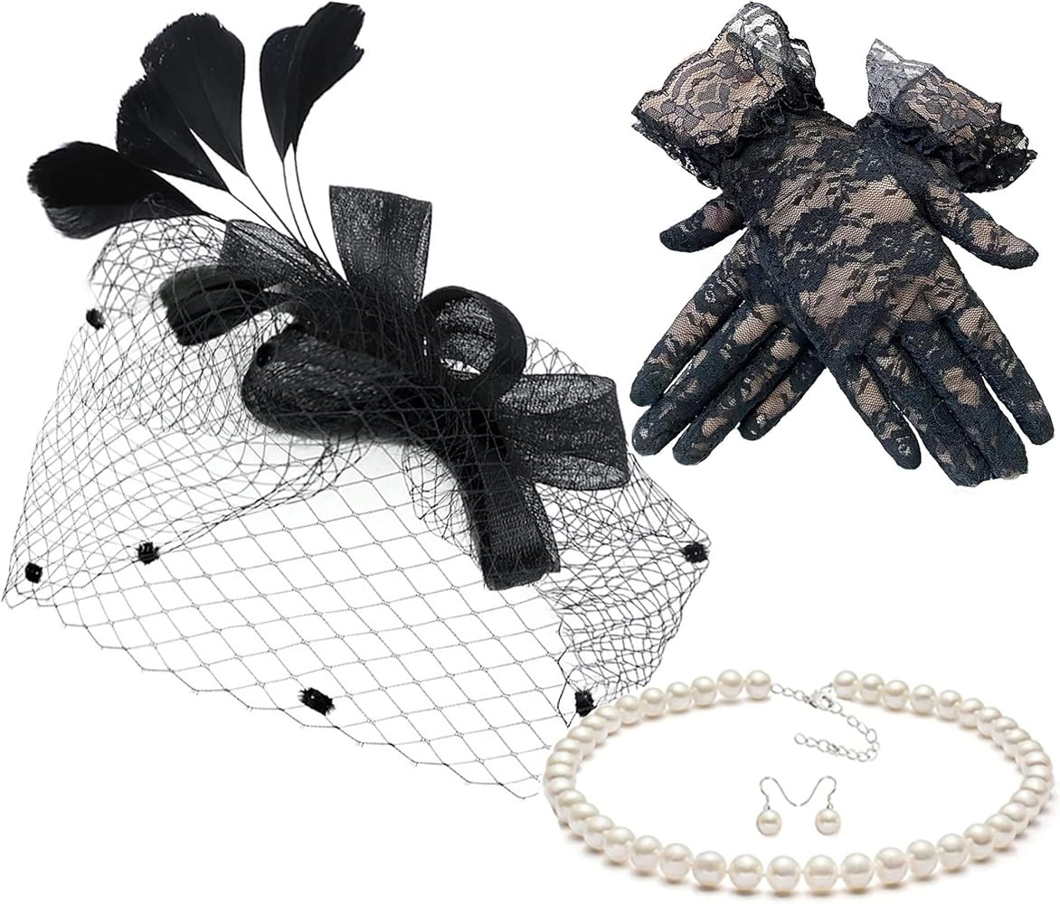 Gionforsy Pillbox Fascinator Veil Feather Derby Hat Lace Gloves Pearl Necklace | Amazon (US)
