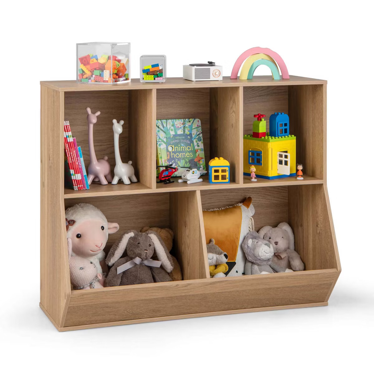 Costway 5-Cubby Kids Toy Storage Organizer Wooden Bookshelf Display Cabinet Natural/White | Target