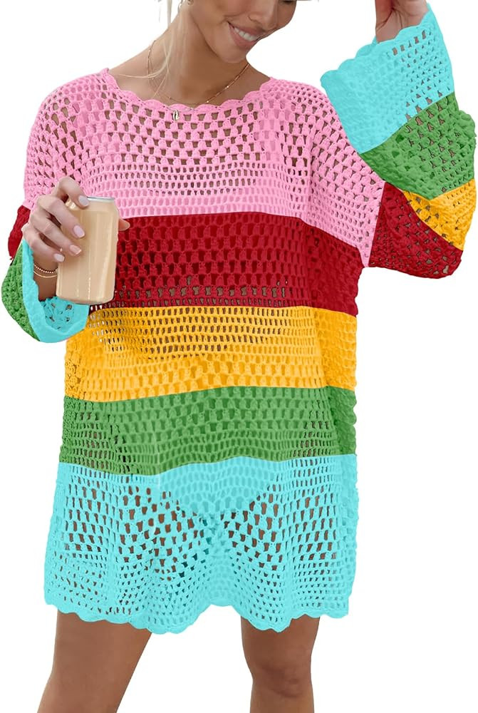 Prinbara Crochet Cover Up for Women Swimsuit Summer Bathing Suit 2025 Swim Hollow Out Bikini Swim... | Amazon (US)