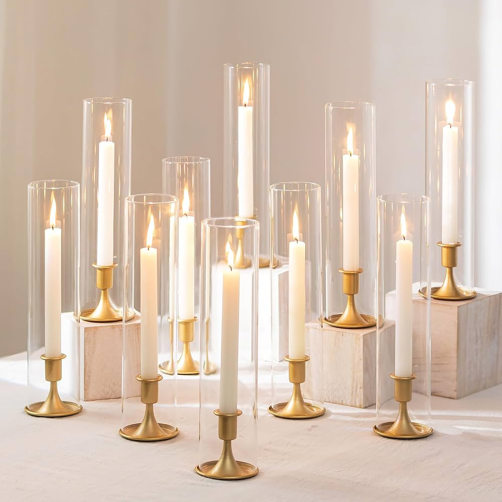 Romadedi Hurricane Candlestick Holders Gold - 10 Pcs Taper Candle Holders Bulk Tall Clear Glass C... | Amazon (US)