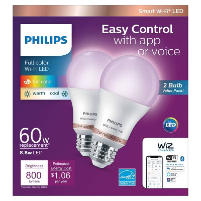 Philips 2pk Smart Wi-Fi 60W Multi-Colored LED Light Bulb A19 2P: E26 Base, Voice Control, Dimmabl... | Target