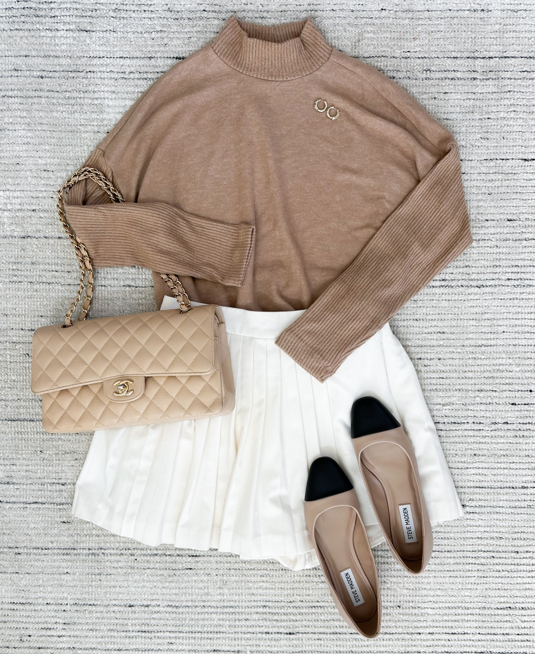 Early fall outfit with mock neck sweater, paired with pleaded mini skirt and flats for a chic look. Absolutely love this for every day outfits, dinners, and more!

#LTKSeasonal #LTKStyleTip