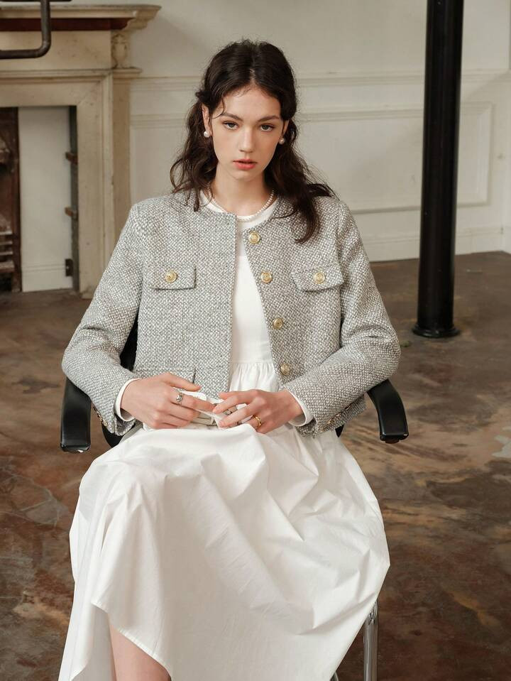 Flap Detail Button Front Tweed Overcoat | SHEIN