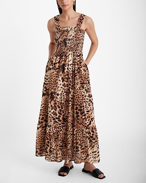 Leopard Metallic Dot Square Neck Sleeveless Tiered Maxi Dress | Express