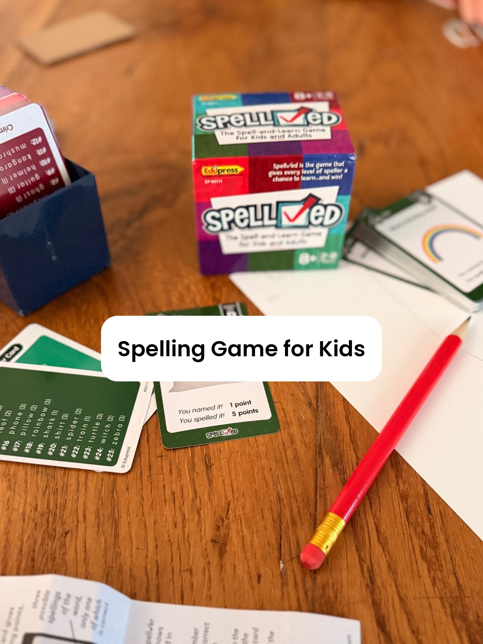 Love the is spelling game to reinforce spelling with all ages. The deck is sorted in to levels and more than one deck can be used in a game. The objective of the game is to collect as many points as you can. Collect points by recognizing the picture, properly spelling the word, or picking the proper spelling from a list of words. 

We have had a lot of fun playing this in our kindergarten homeschool and 3rd grade homeschool.

#LTKmomlife #LTKKids