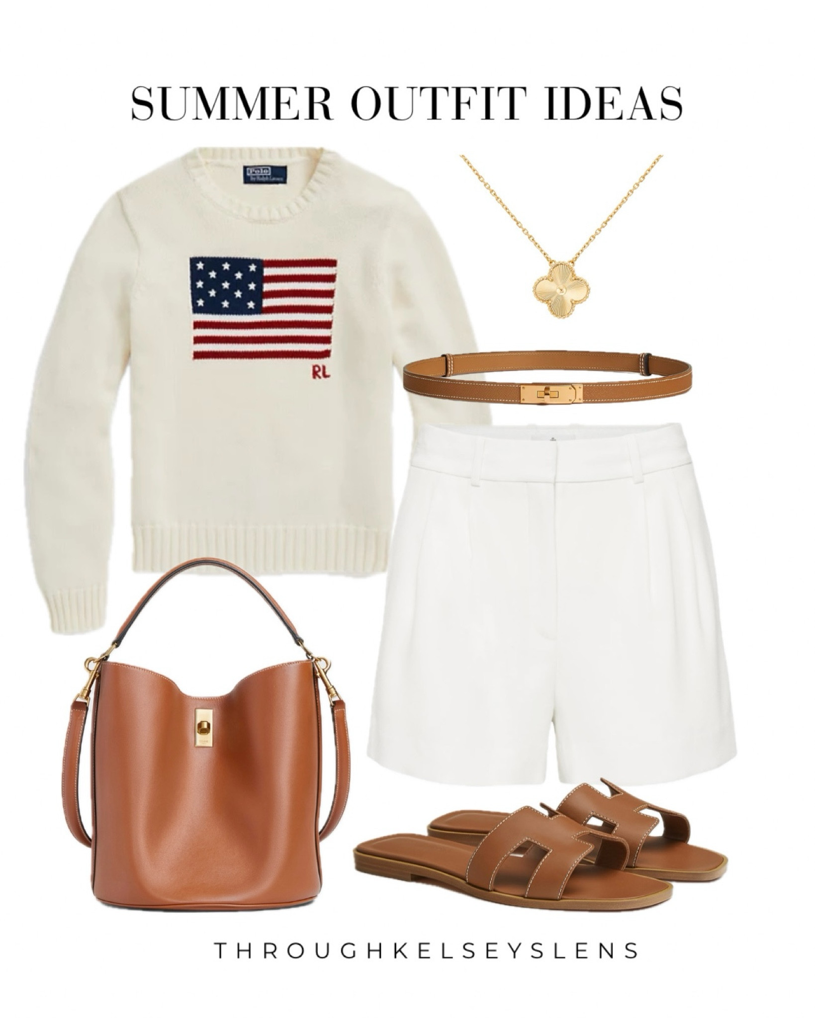 East coast summer outfit idea
- Ralph Lauren American flag sweater in cream
- Aritzia white trouser shorts
- Hermes Kelly belt in gold with gold hardware
- Van Cleef vintage Alhambra necklace in gold guilloche
- Celine teen bucket 16 bag in tan calfskin (plus Mango dupe linked)
- Hermes Oran sandals in gold

#hermes #celine #ralphlauren #vancleef #summer #coastalgrandmother #eastcoastsummer

#LTKstyletip #LTKtravel #LTKSeasonal