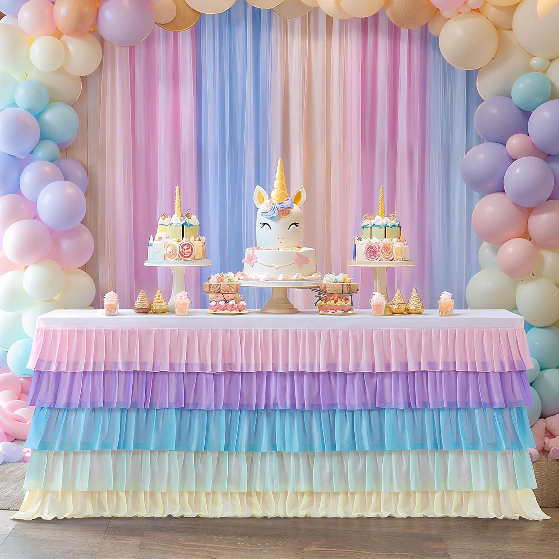 Besutolife Pastel Rainbow Table Skirt Ruffle Party Tablecloth for Rectangle Table 6ft Birthday Pa... | Amazon (US)