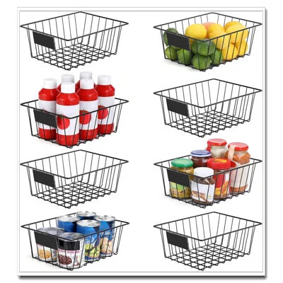 8-Pack Black Wire Storage Baskets - With Removable Tags, Metal Organizers For Pantry, Kitchen Cabinets, Closet, Laundry, Garage, Fridge | Wayfair North America