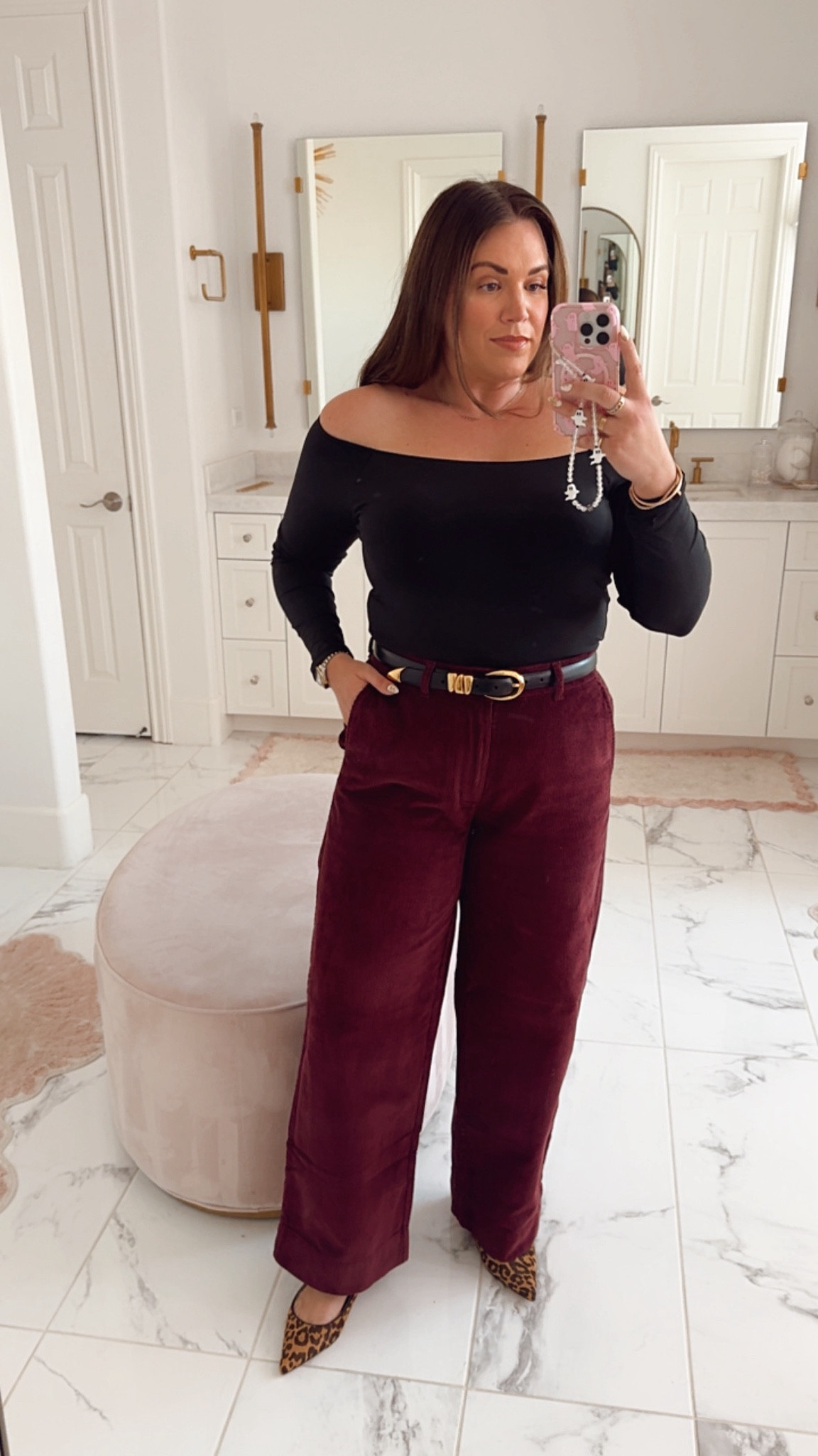curvy fall and thanksgiving outfit! wearing size large in black off the shoulder top and size 12 in burgundy cord wide leg pants 

#LTKFindsUnder50 #LTKMidsize #LTKSeasonal