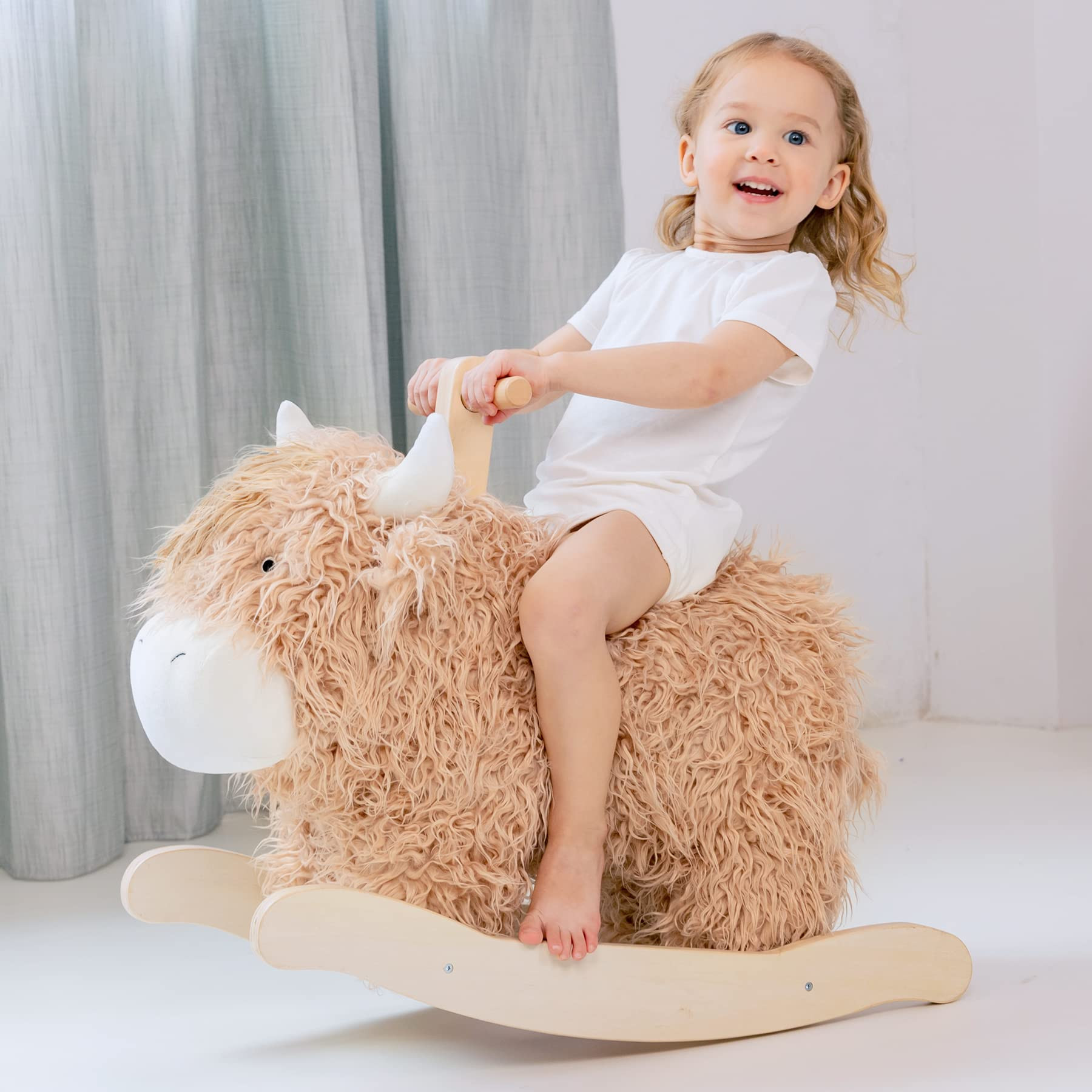 Baby Rocking Horse for 1 Year Old,Wooden Cow/Yak Horse Rocking with Wicker Plush Wooden Ride On T... | Amazon (US)