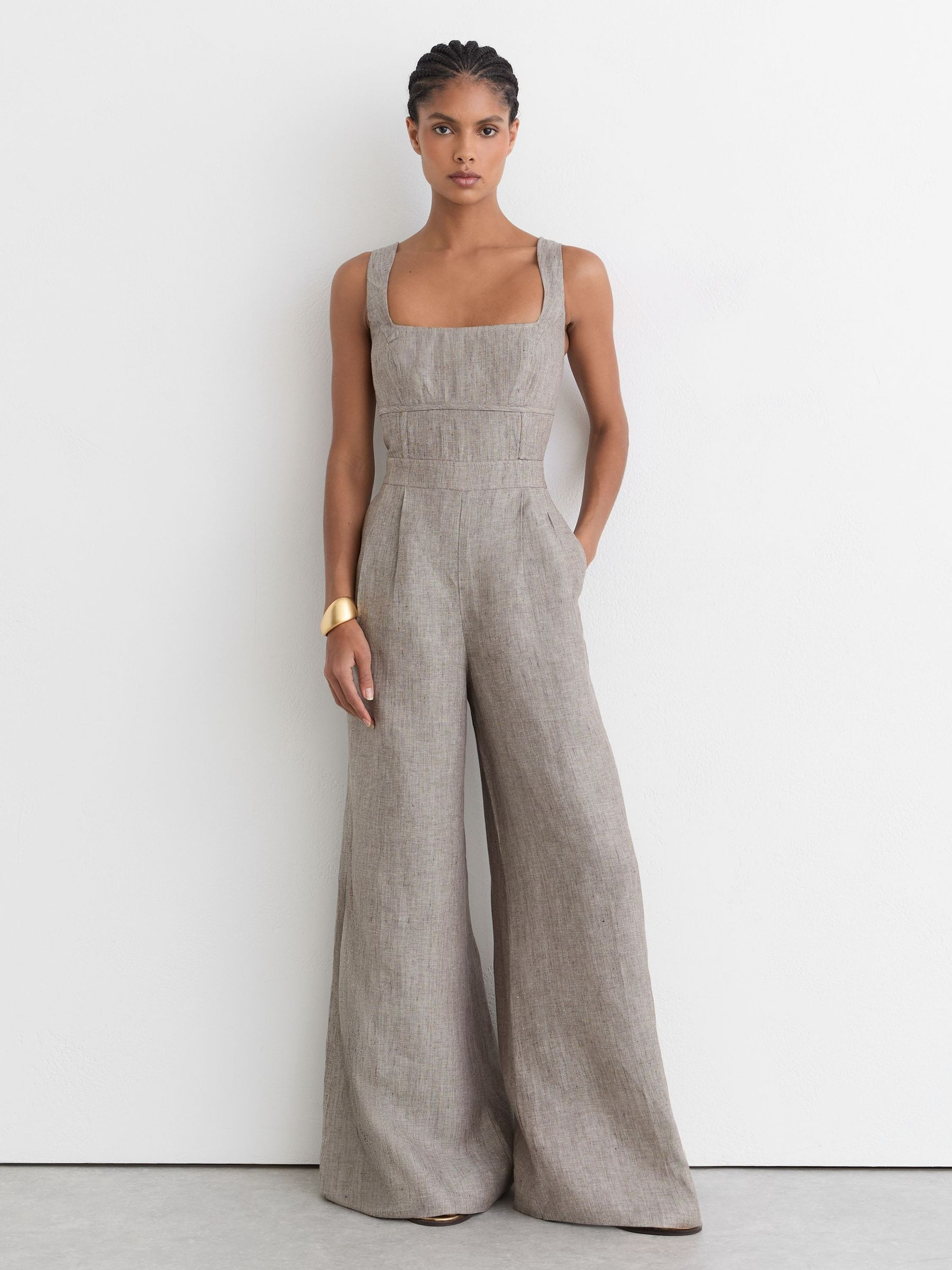 Reiss Petite Linen Structured Wide-Leg Jumpsuit in Neutral - REISS | Reiss UK
