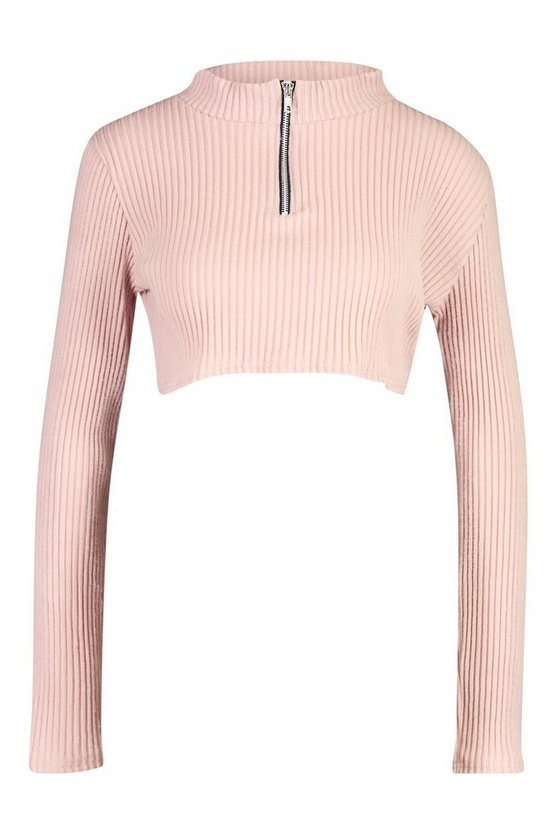 Brushed Soft Ribbed Zip Up Crop Sweat | Boohoo.com (US & CA)