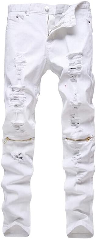 Men's Slim Fit Pencil Pants Vintage Zipper Denim Distressed Stretch Ripped Jeans | Amazon (US)
