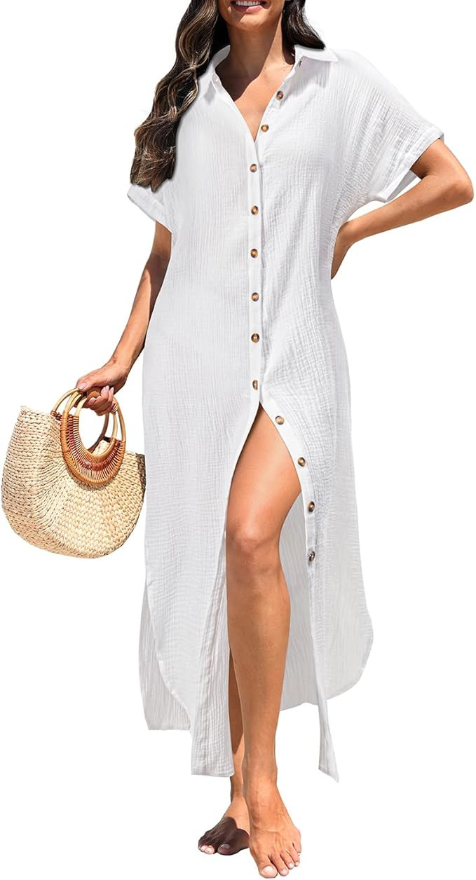 Swimsuit Cover Up Women Casual Short Sleeve Coverup Side Split Button Down Long Beach Dress | Amazon (US)