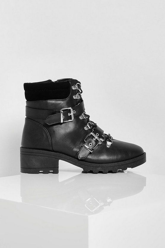 Wide Fit Buckle Detail Lace Up Chunky Hiker Boot | Boohoo.com (UK & IE)