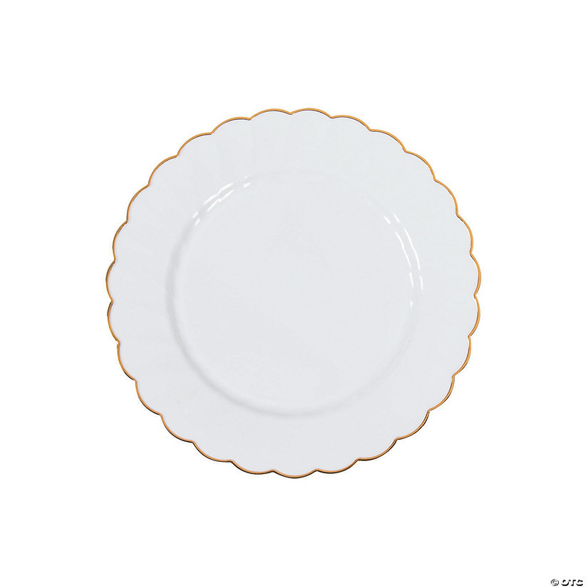 Premium White Elegance Plastic Dessert Plates with Scalloped Gold Trim - 25 Ct. | Oriental Trading Company