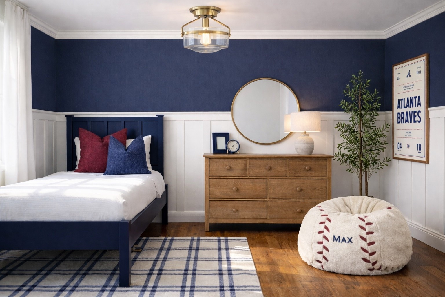 Boys bedroom mood vision board inspiration with wooden dresser, baseball beanbag, plaid rug, round mirror, navy pottery barn twin bed perfect for little boys! 

#LTKHome #LTKBaby #LTKKids