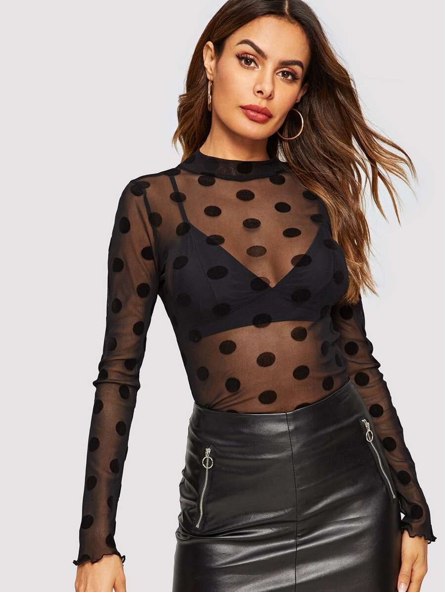 SHEIN Polka Dot Mock-neck Sheer Top | SHEIN