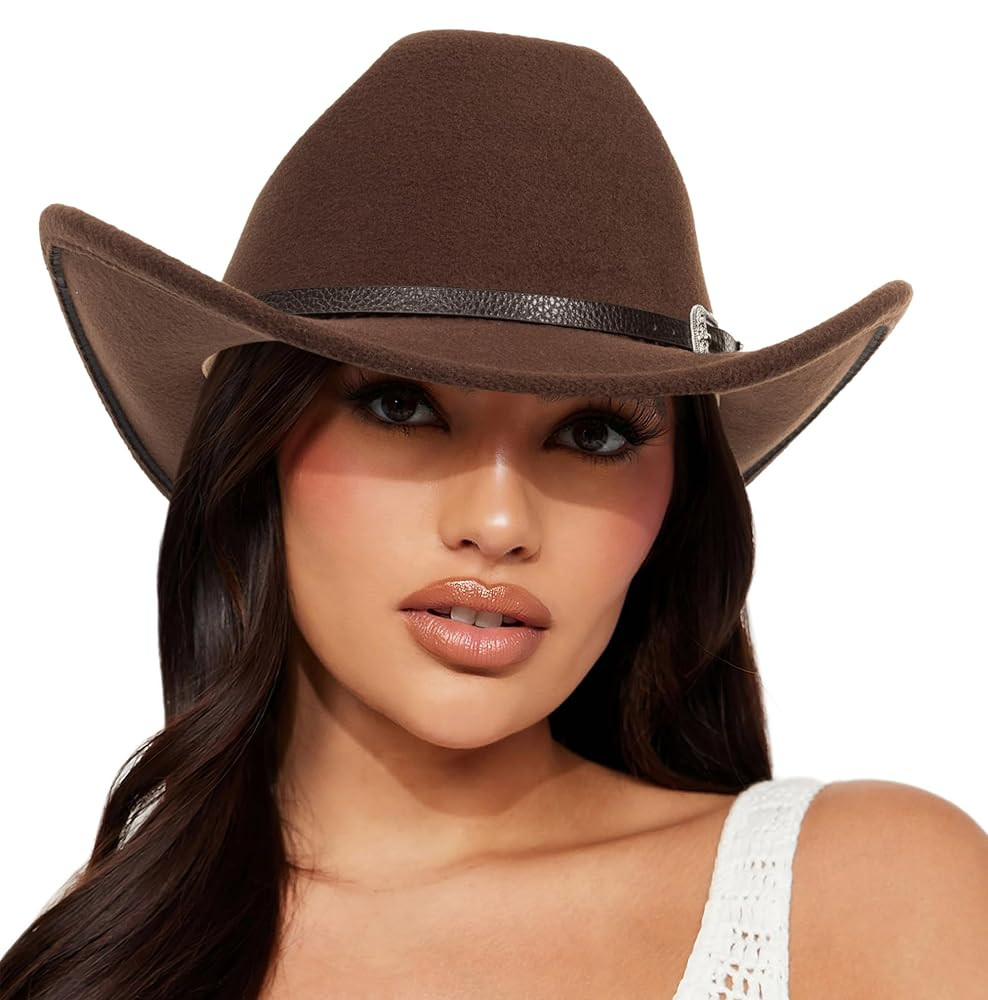 Womens Western-Cowboy-Hats Classic Felt-Hats - Rodeo Wide-Brim-Cowgirl Jazz-Hat with Buckle Belt(... | Amazon (US)