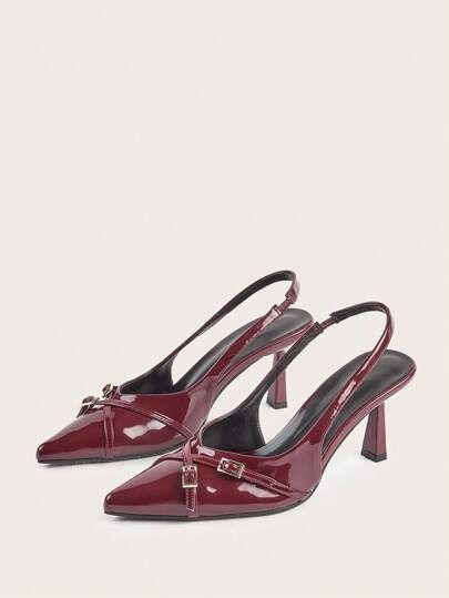 Ladies' Wine Red Patent Leather Cross Buckle Strap Thin Heel High Heels With Pointed Toe, Perfect... | SHEIN