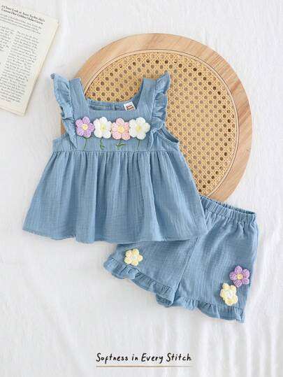 Cozy Pixies Baby Girl Floral Embellished Round Neck Cap Sleeve Top & Elastic Waist Shorts 2 Piece... | SHEIN