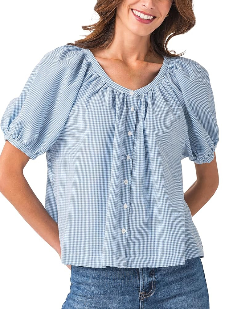 Tanming Womens Summer Plaid Button Down Shirts Short Puff Sleeve Cotton Crew Neck Gingham Blouses... | Amazon (US)