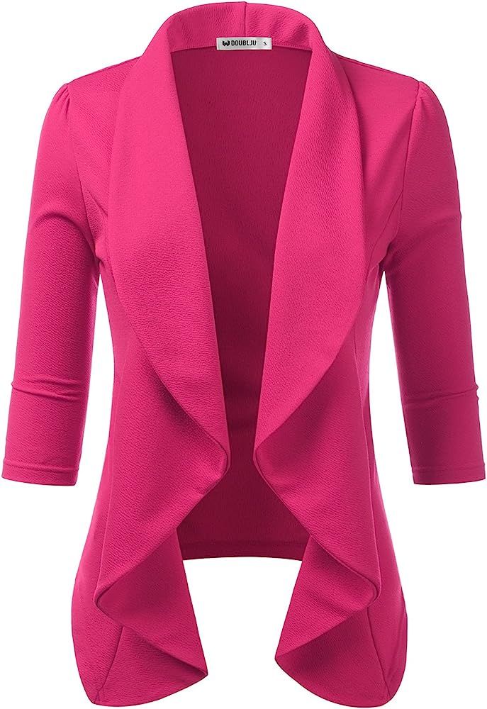 DOUBLJU Womens Lightweight Thin 3/4 Sleeve Open Front Blazer Jacket with Plus Size | Amazon (US)