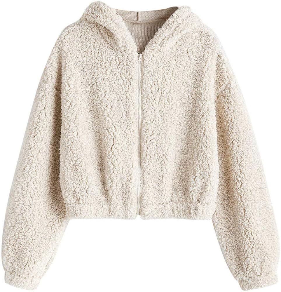 ZAFUL Women's Zip Up Faux Shearling Fluffy Hooded Cropped Teddy Jacket Coat | Amazon (US)