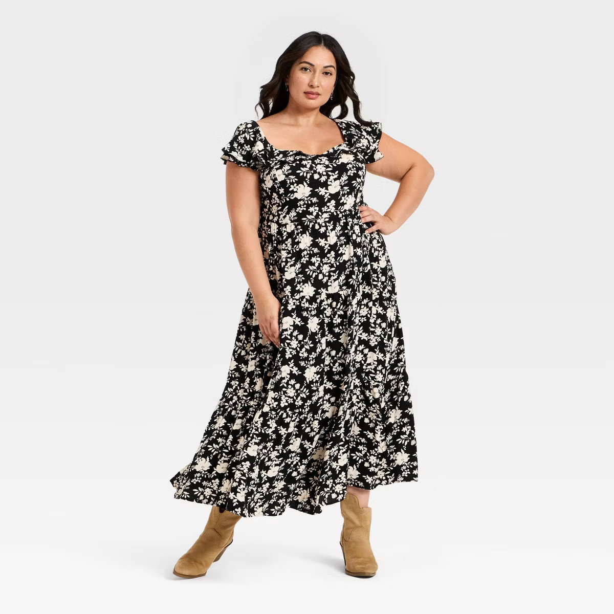 Women's Flutter Cap Sleeve Tiered Maxi A-Line Dress - Ava & Viv™ Black/Tan Floral | Target