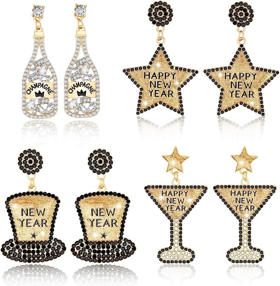 DTOFOOT 4 Pairs Sparkly New Years Earring for Women,New Years Eve Earrings Glitter Rhinestone Stu... | Amazon (US)