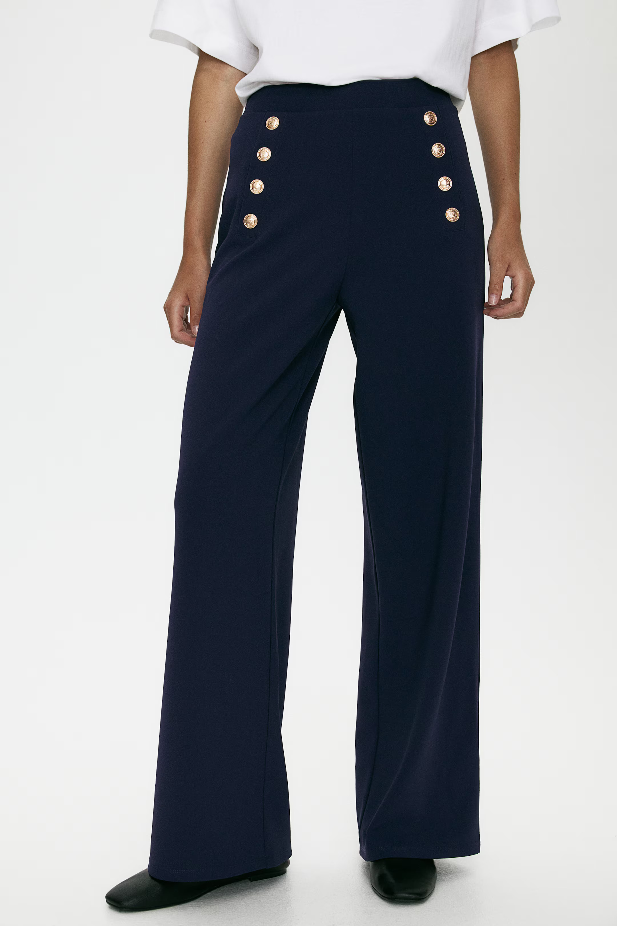 Button-front trousers - Navy blue - Ladies | H&M GB | H&M (UK, MY, IN, SG, PH, TW, HK)