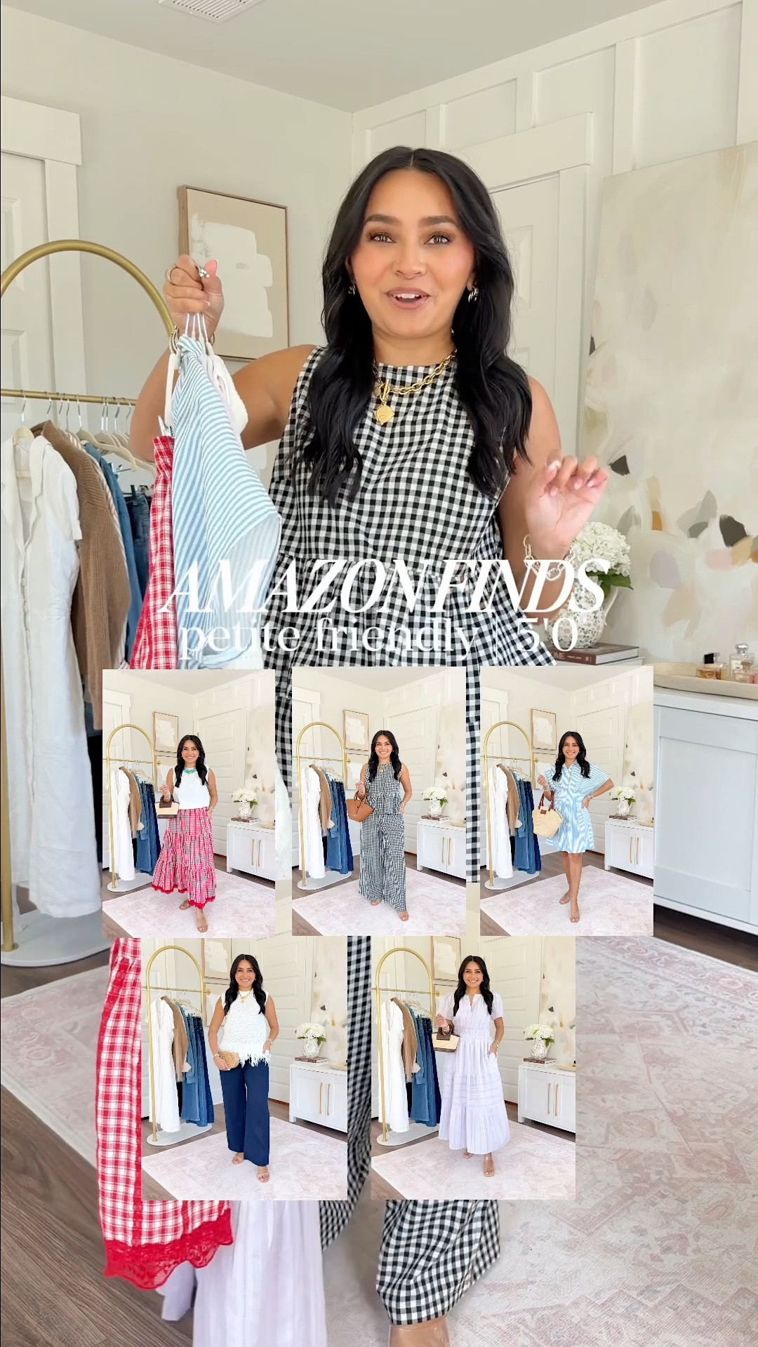 Amazon Try On!
For reference: I’m 5’0, petite, 32b bra size, and 2/26 in bottoms, pear shaped. 
*Everything I share is unaltered! TTS means true to size. Between size 5-6.5 in shoes

Gingham matching set size small TTS
Clear heels size 5 TTS

White tank size xs TTS
Red gingham skirt size small TTS
Clear sandals size 5.5 TTS

Blue stripe dress size small TTS
Clear heels size 5 TTS

White ruffle tank size small TTS
Navy linen pants size xs regular TTS - also comes in petite sizing!
Tan heels size 5 TTS

Light pink purple dress size small TTS
Clear heels size 5 TTS


#LTKSaleAlert #LTKootd #LTKPetite