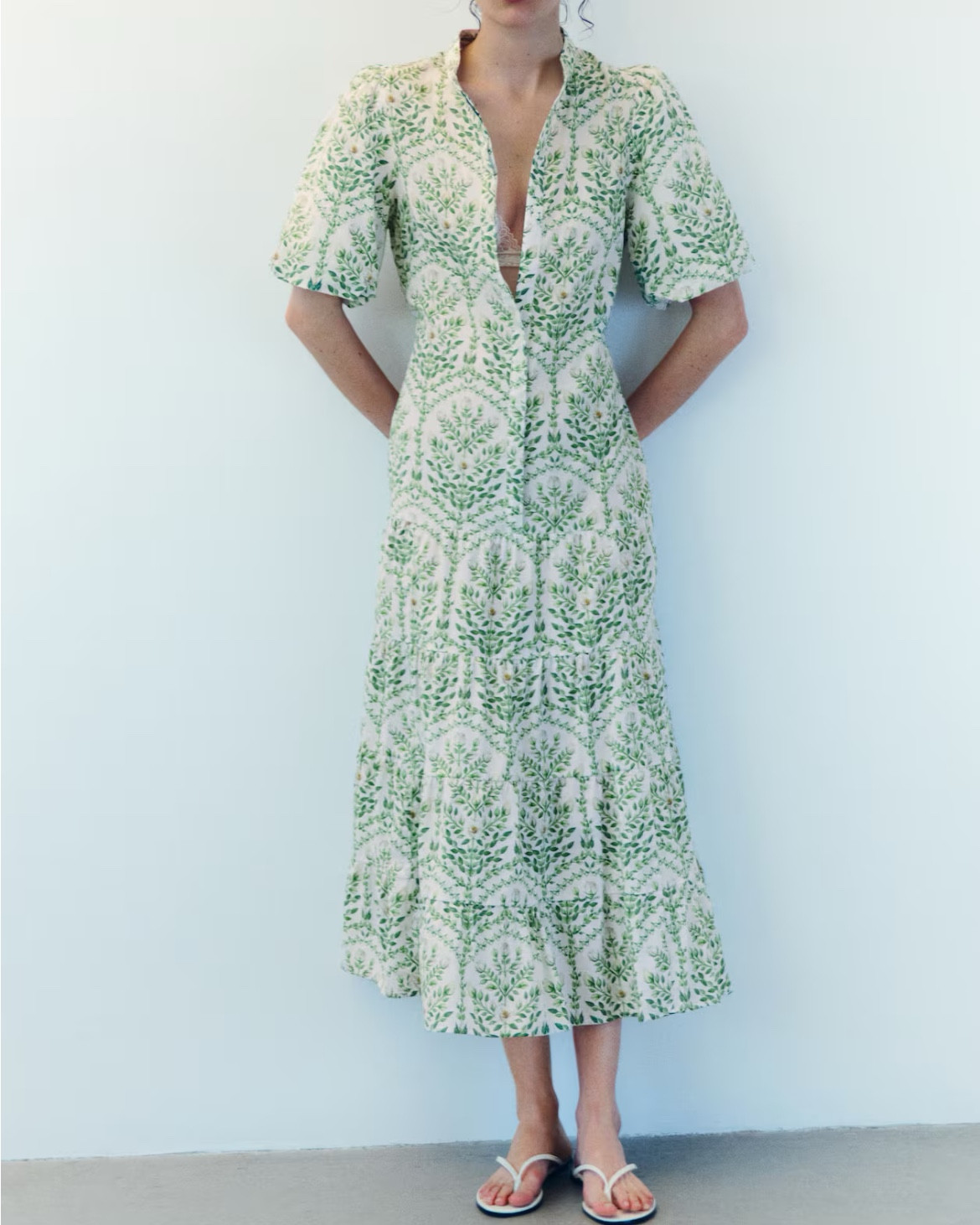 Green and white floral puff sleeve cotton midi dress 

#LTKSeasonal