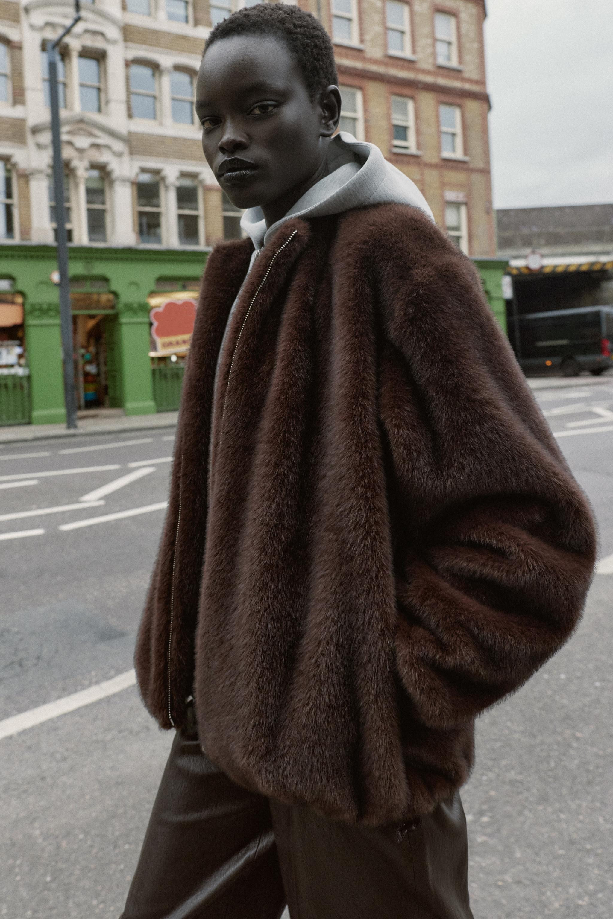 CONTRAST FAUX FUR HOODIE BOMBER JACKET | Zara US