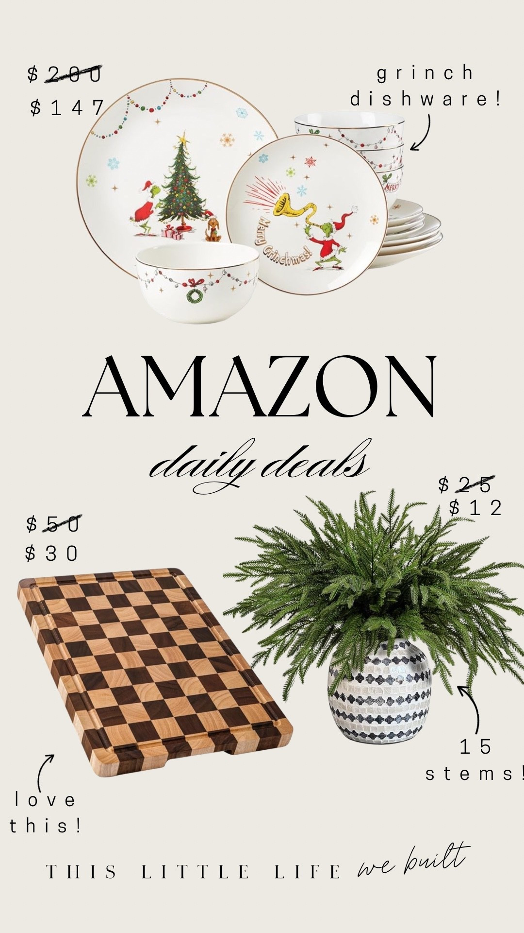 Amazon daily deals! 

Home finds, holiday, grinch plates, stems, cutting board 

#LTKSaleAlert #LTKHoliday #LTKHome
